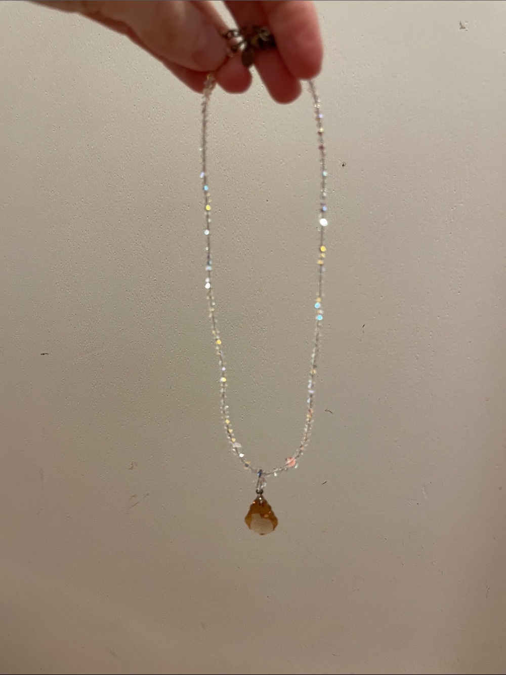 Delicate Crystal Bead Necklace with Amber Pendant - Women Jewelry